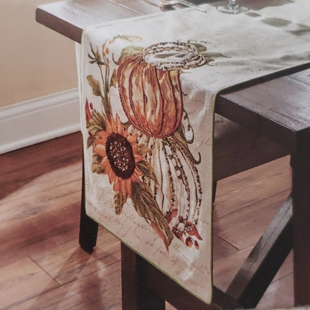 Nicole Miller Home NWT Beaded Pumpkins and Sunflowers Table Runner